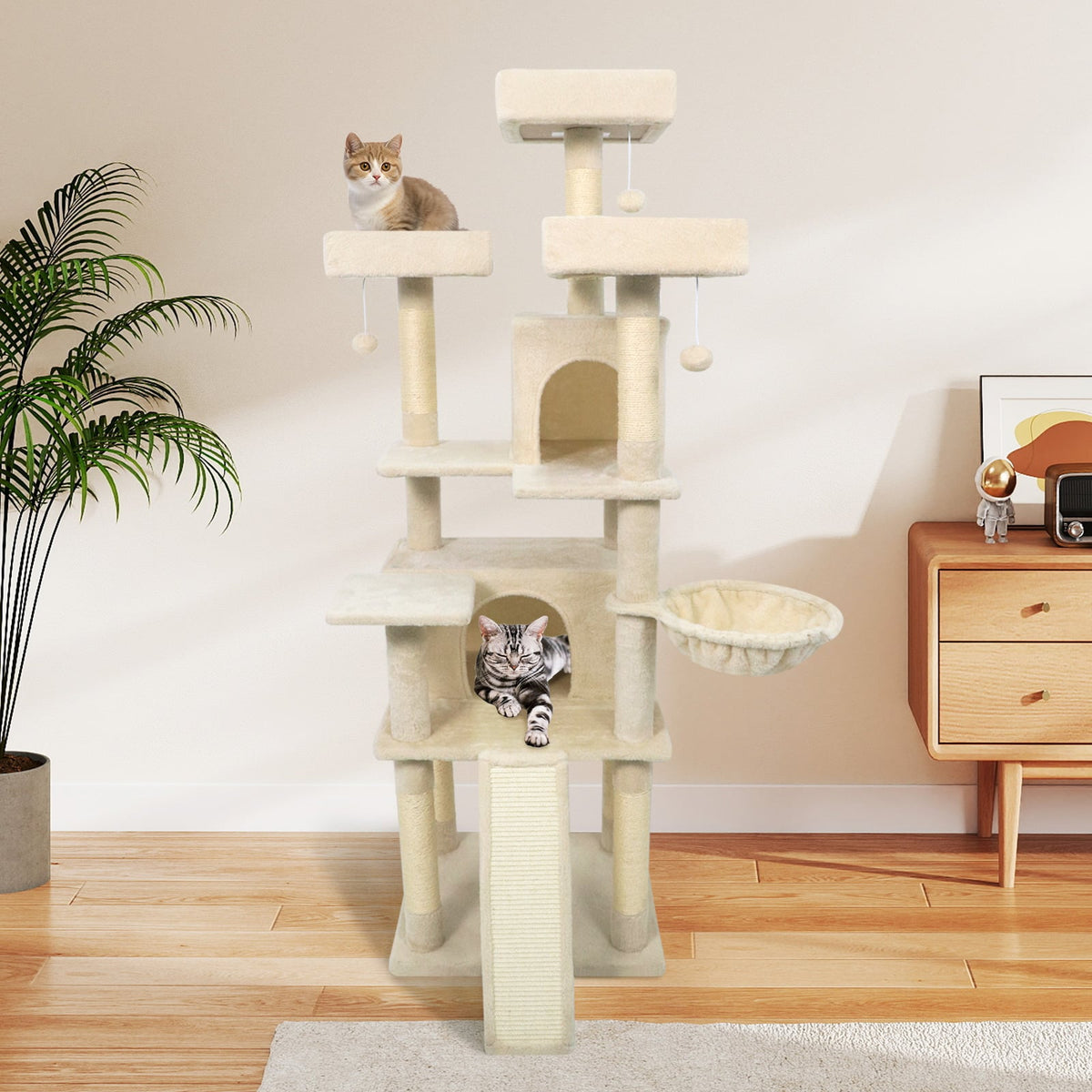 65 Inch Tall Multi-level Cat Tree with 3 Upholstered Perch and 2 Cat Condos-Beige-Cat Trees & Scratchers-DECOROLALA