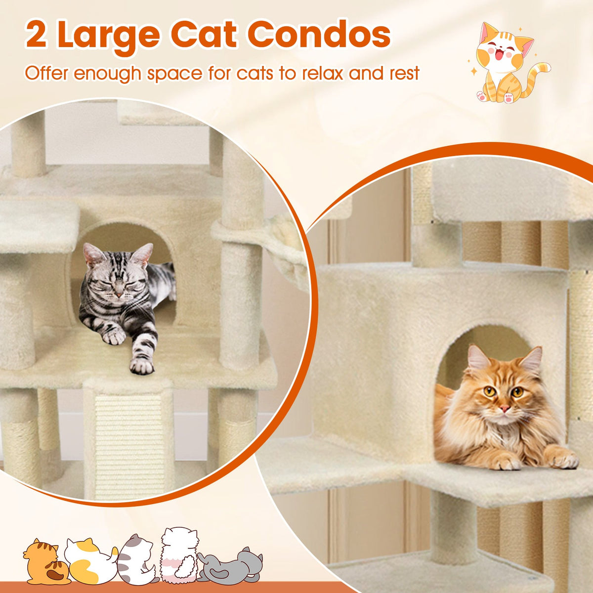 65 Inch Tall Multi-level Cat Tree with 3 Upholstered Perch and 2 Cat Condos-Beige-Cat Trees & Scratchers-DECOROLALA