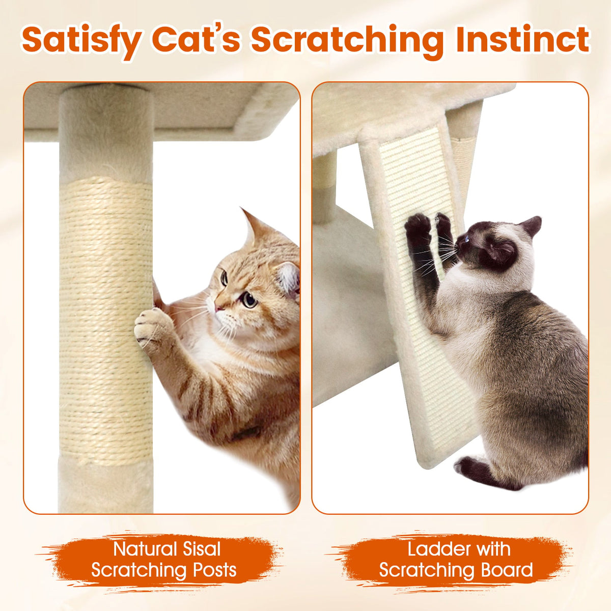 65 Inch Tall Multi-level Cat Tree with 3 Upholstered Perch and 2 Cat Condos-Beige-Cat Trees & Scratchers-DECOROLALA