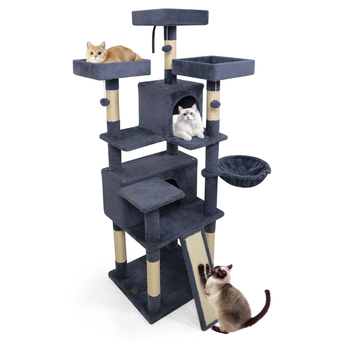 65 Inch Tall Multi-level Cat Tree with 3 Upholstered Perch and 2 Cat Condos-Dark Gray-Cat Trees & Scratchers-DECOROLALA