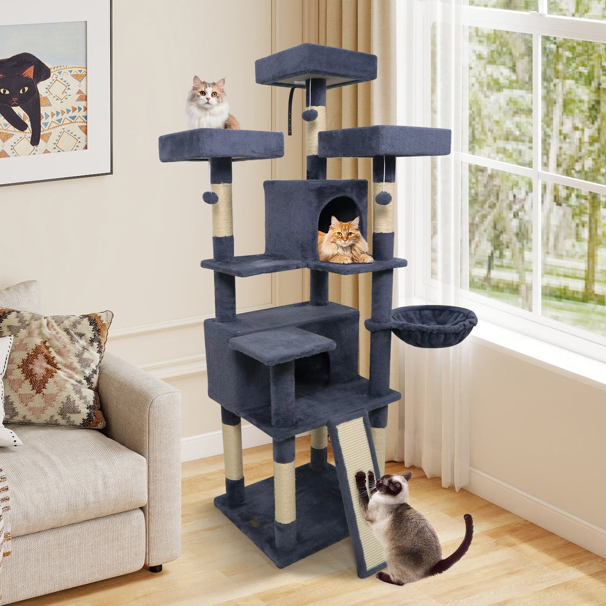 65 Inch Tall Multi-level Cat Tree with 3 Upholstered Perch and 2 Cat Condos-Dark Gray-Cat Trees & Scratchers-DECOROLALA