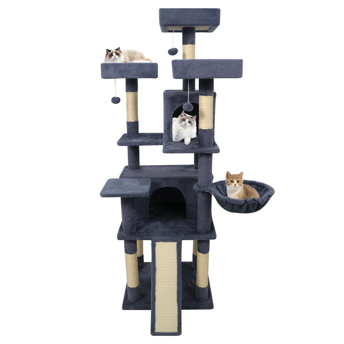 65 Inch Tall Multi-level Cat Tree with 3 Upholstered Perch and 2 Cat Condos-Dark Gray-Cat Trees & Scratchers-DECOROLALA