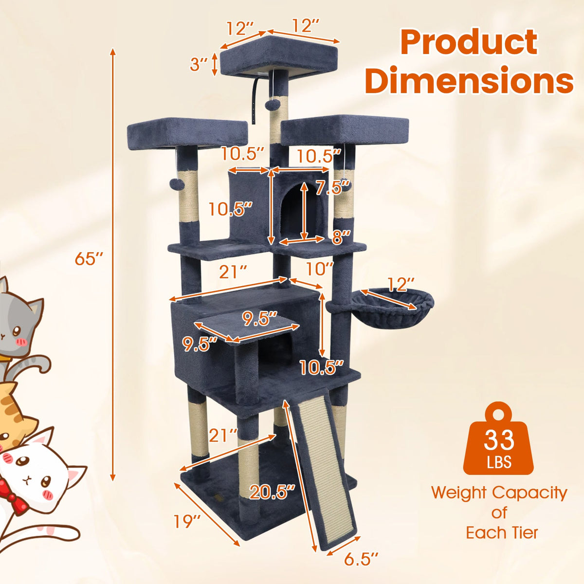 65 Inch Tall Multi-level Cat Tree with 3 Upholstered Perch and 2 Cat Condos-Dark Gray-Cat Trees & Scratchers-DECOROLALA