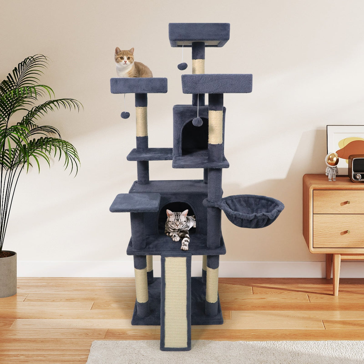 65 Inch Tall Multi-level Cat Tree with 3 Upholstered Perch and 2 Cat Condos-Dark Gray-Cat Trees & Scratchers-DECOROLALA