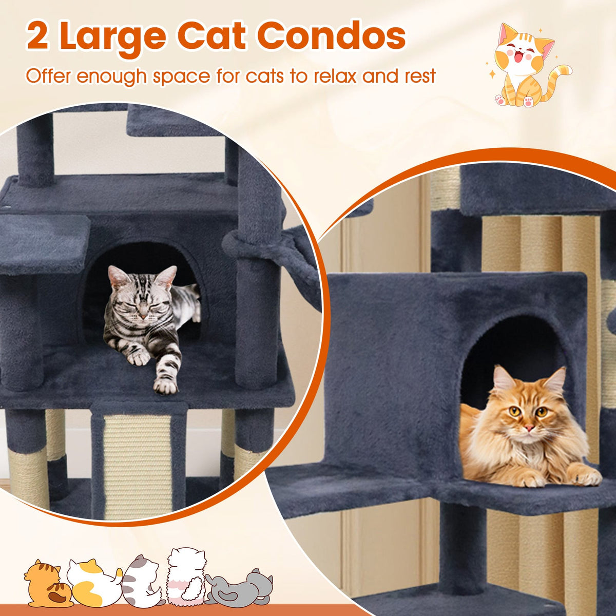 65 Inch Tall Multi-level Cat Tree with 3 Upholstered Perch and 2 Cat Condos-Dark Gray-Cat Trees & Scratchers-DECOROLALA
