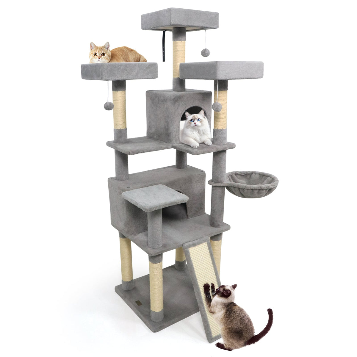 65 Inch Tall Multi-level Cat Tree with 3 Upholstered Perch and 2 Cat Condos-Light Gray-Cat Trees & Scratchers-DECOROLALA
