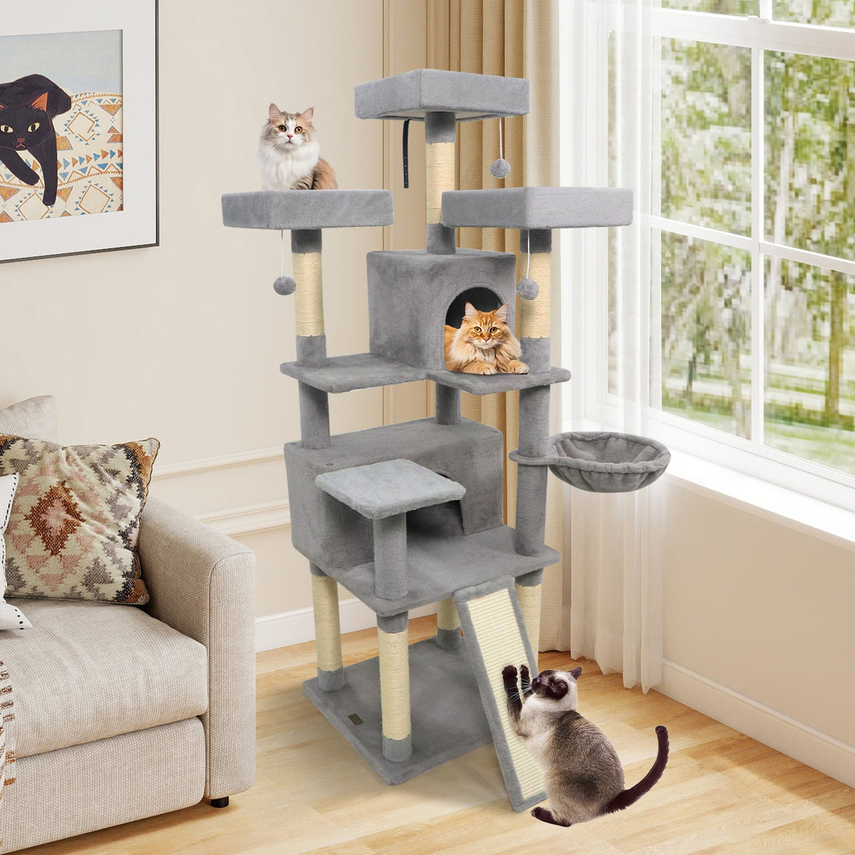 65 Inch Tall Multi-level Cat Tree with 3 Upholstered Perch and 2 Cat Condos-Light Gray-Cat Trees & Scratchers-DECOROLALA
