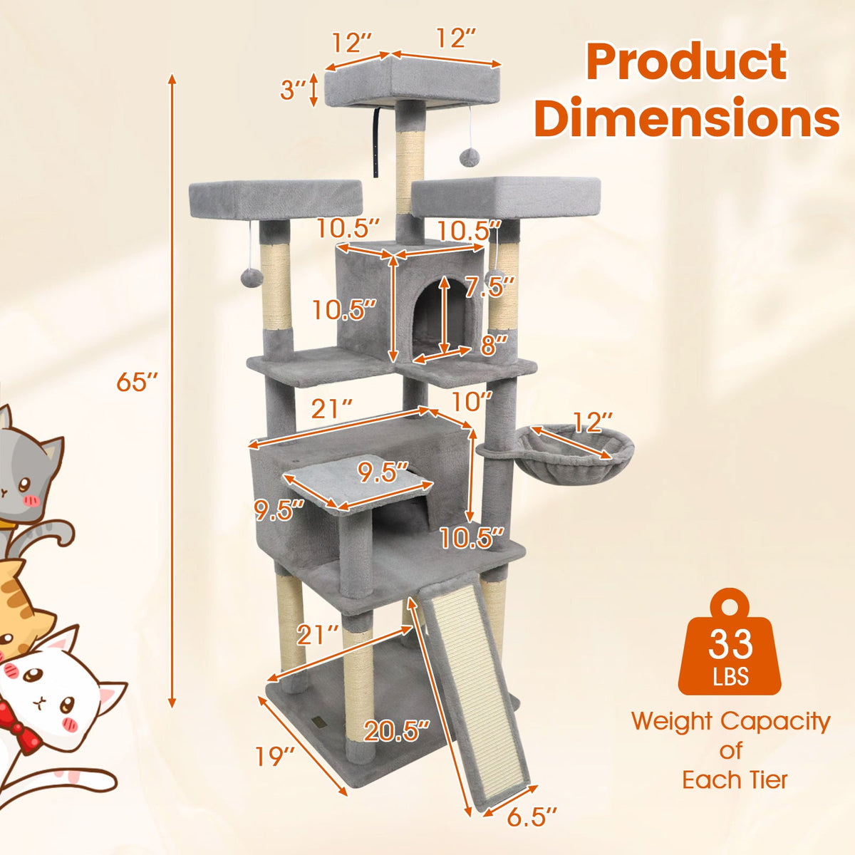 65 Inch Tall Multi-level Cat Tree with 3 Upholstered Perch and 2 Cat Condos-Light Gray-Cat Trees & Scratchers-DECOROLALA