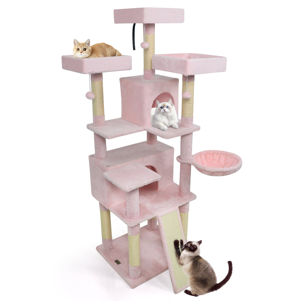 65 Inch Tall Multi-level Cat Tree with 3 Upholstered Perch and 2 Cat Condos-Pink-Cat Trees & Scratchers-DECOROLALA
