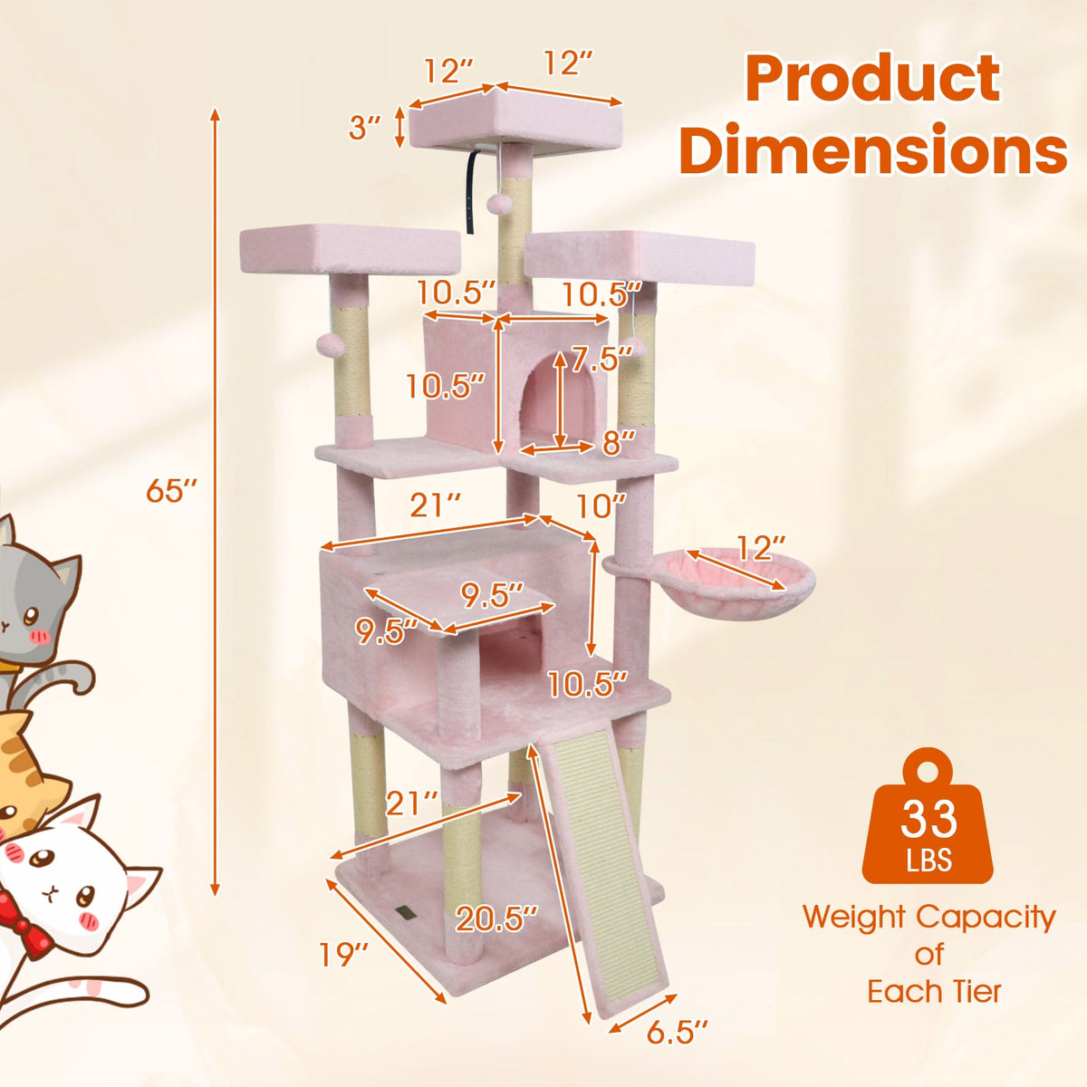 65 Inch Tall Multi-level Cat Tree with 3 Upholstered Perch and 2 Cat Condos-Pink-Cat Trees & Scratchers-DECOROLALA