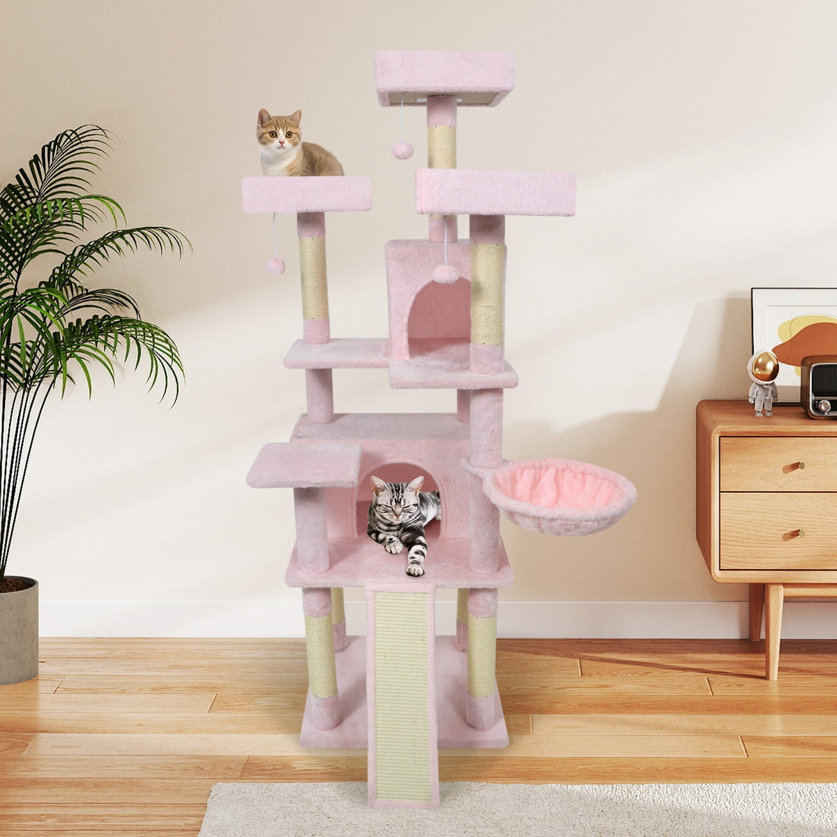 65 Inch Tall Multi-level Cat Tree with 3 Upholstered Perch and 2 Cat Condos-Pink-Cat Trees & Scratchers-DECOROLALA