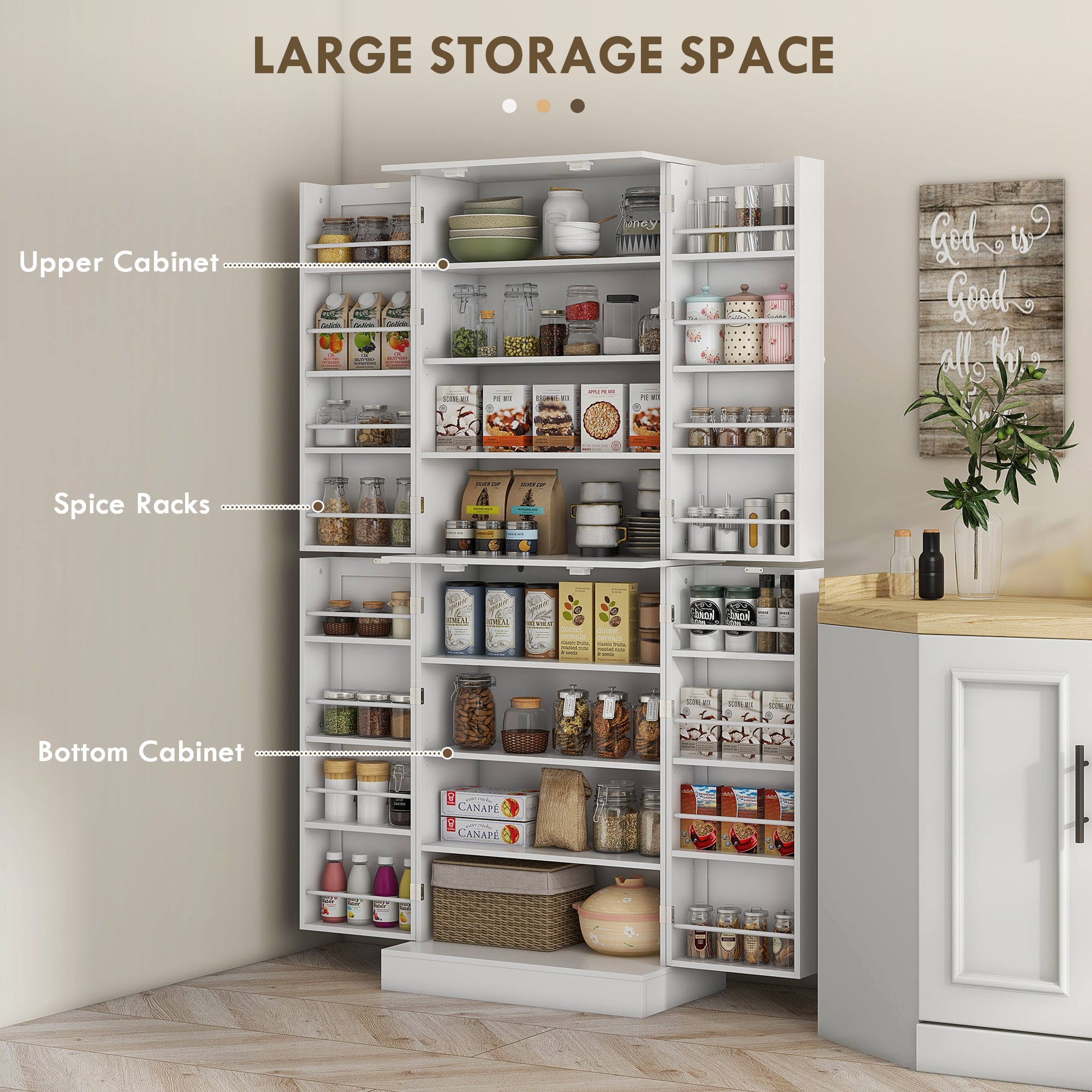 65" Kitchen Pantry Cabinet White 4 Door-DECOROLALA