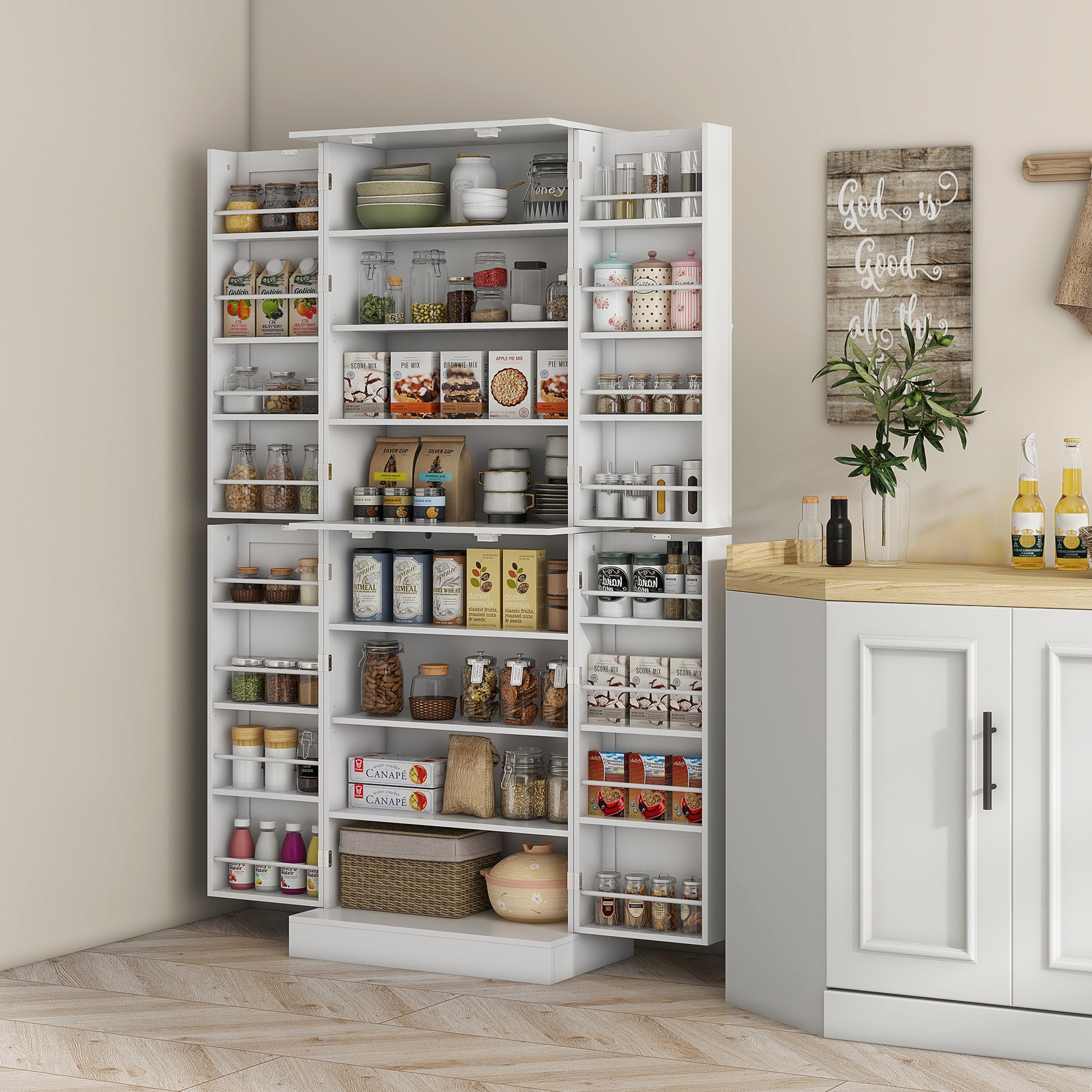 65" Kitchen Pantry Cabinet White 4 Door-DECOROLALA