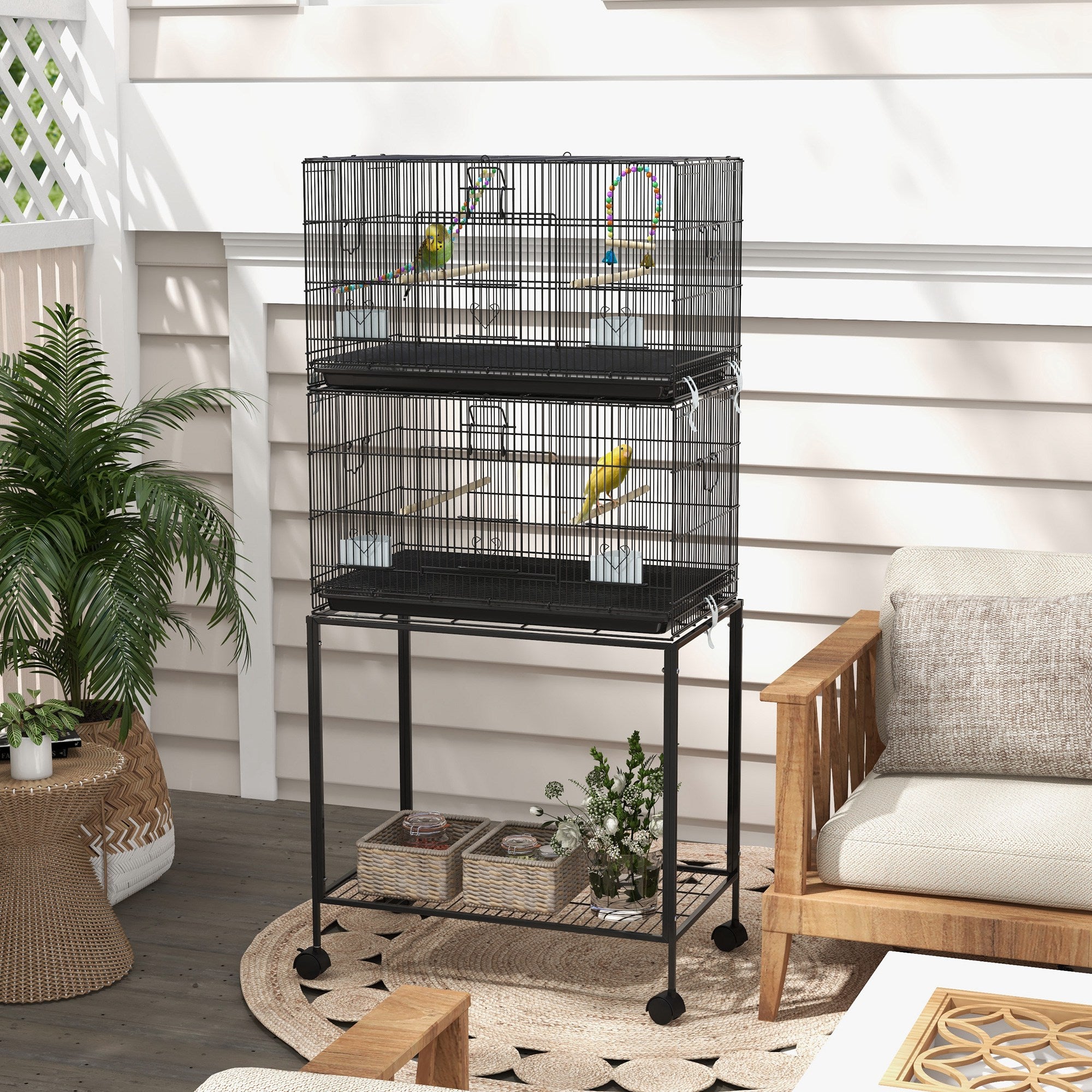 65" Large Bird Cage with Wheels - Black Steel for Finches & Budgies-Birds-DECOROLALA