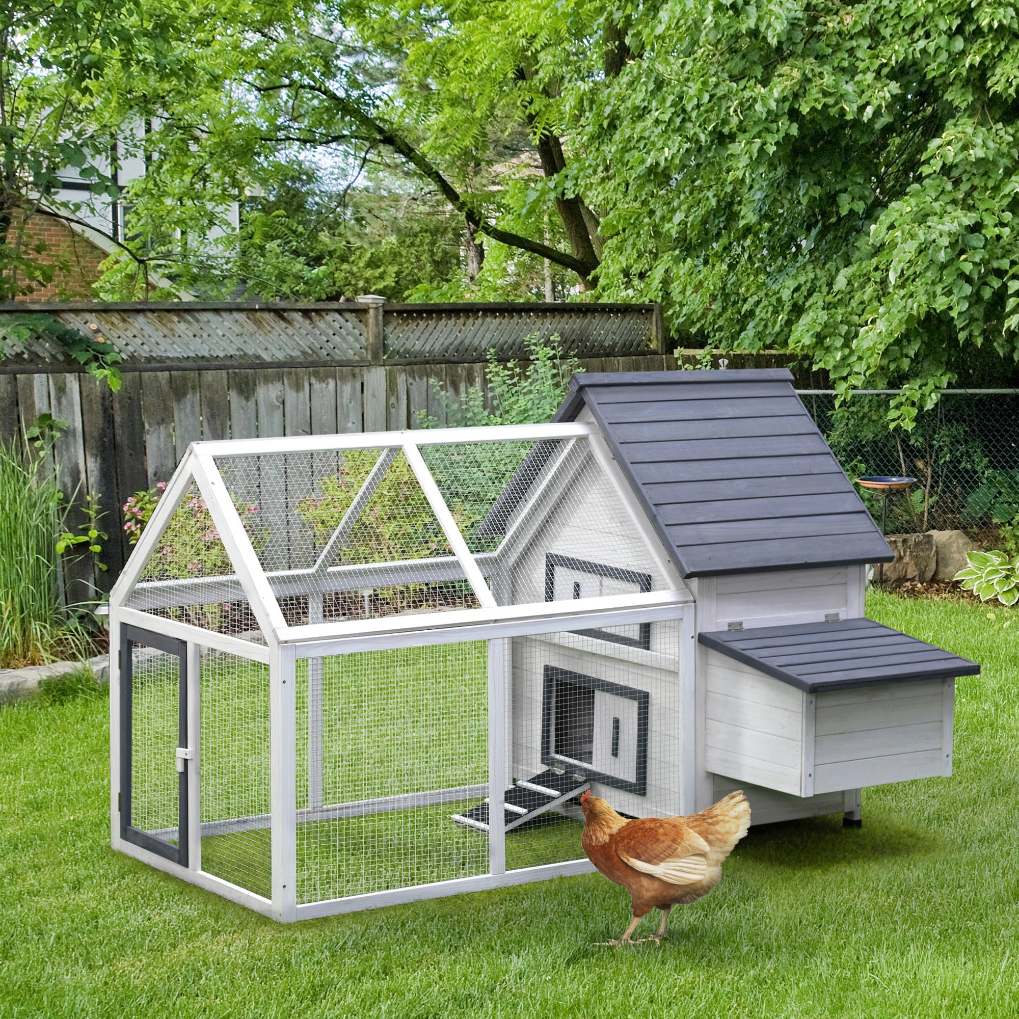 65" Wooden Chicken Coop - Gray and White Fir Wood Hen House-Small Animals-DECOROLALA