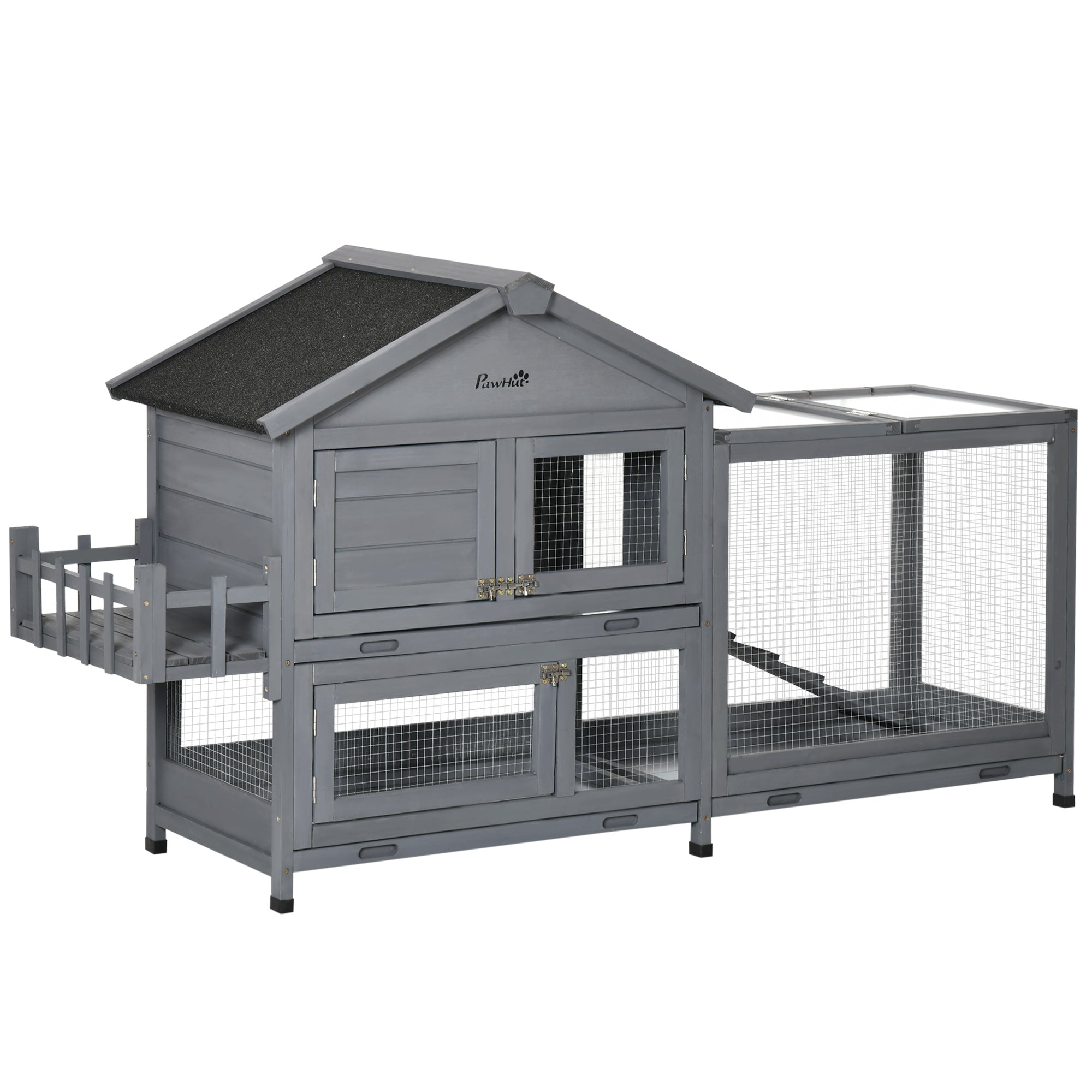 65" Wooden Rabbit Hutch - Dark Grey Fir Wood Pet Playpen-Small Animals-DECOROLALA