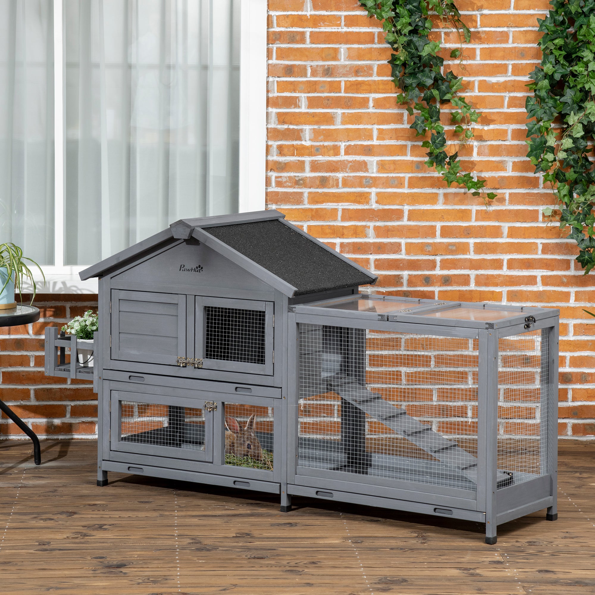 65" Wooden Rabbit Hutch - Dark Grey Fir Wood Pet Playpen-Small Animals-DECOROLALA