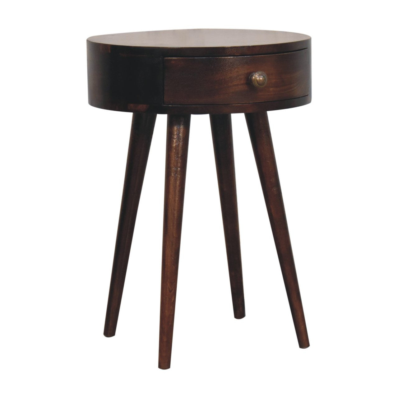 22" Walnut Solid Wood Round One Drawer Nightstand-Nightstands & Bedside Tables-DECOROLALA