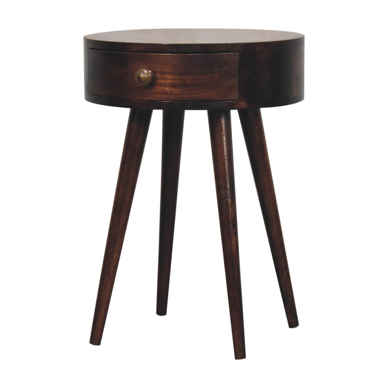 22" Walnut Solid Wood Round One Drawer Nightstand-Nightstands & Bedside Tables-DECOROLALA