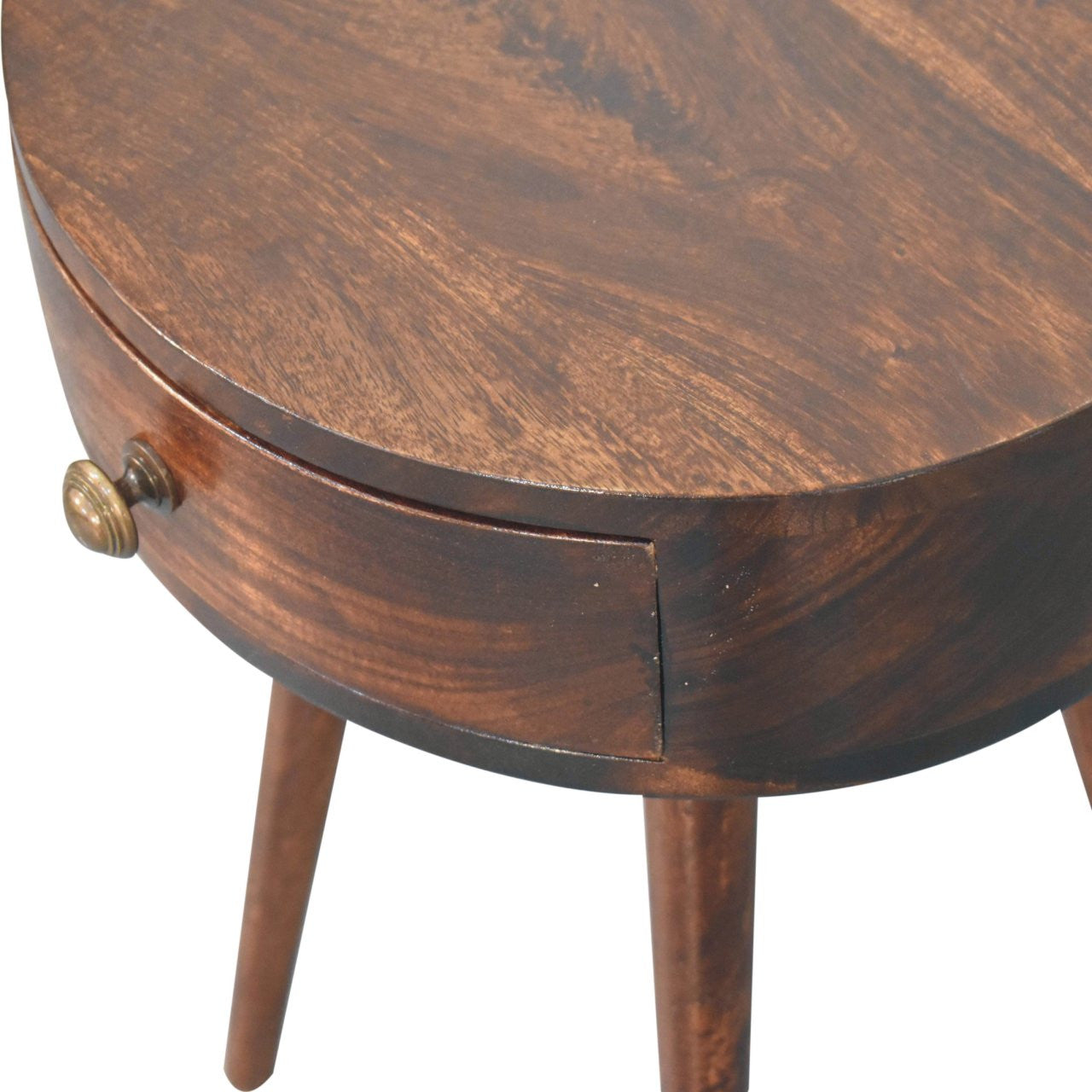 22" Walnut Solid Wood Round One Drawer Nightstand-Nightstands & Bedside Tables-DECOROLALA