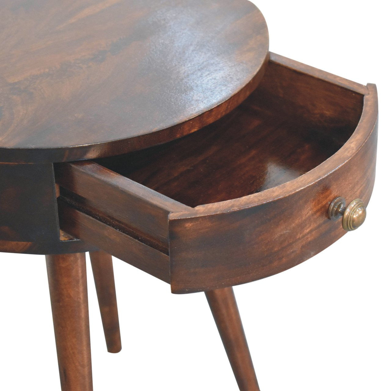 22" Walnut Solid Wood Round One Drawer Nightstand-Nightstands & Bedside Tables-DECOROLALA