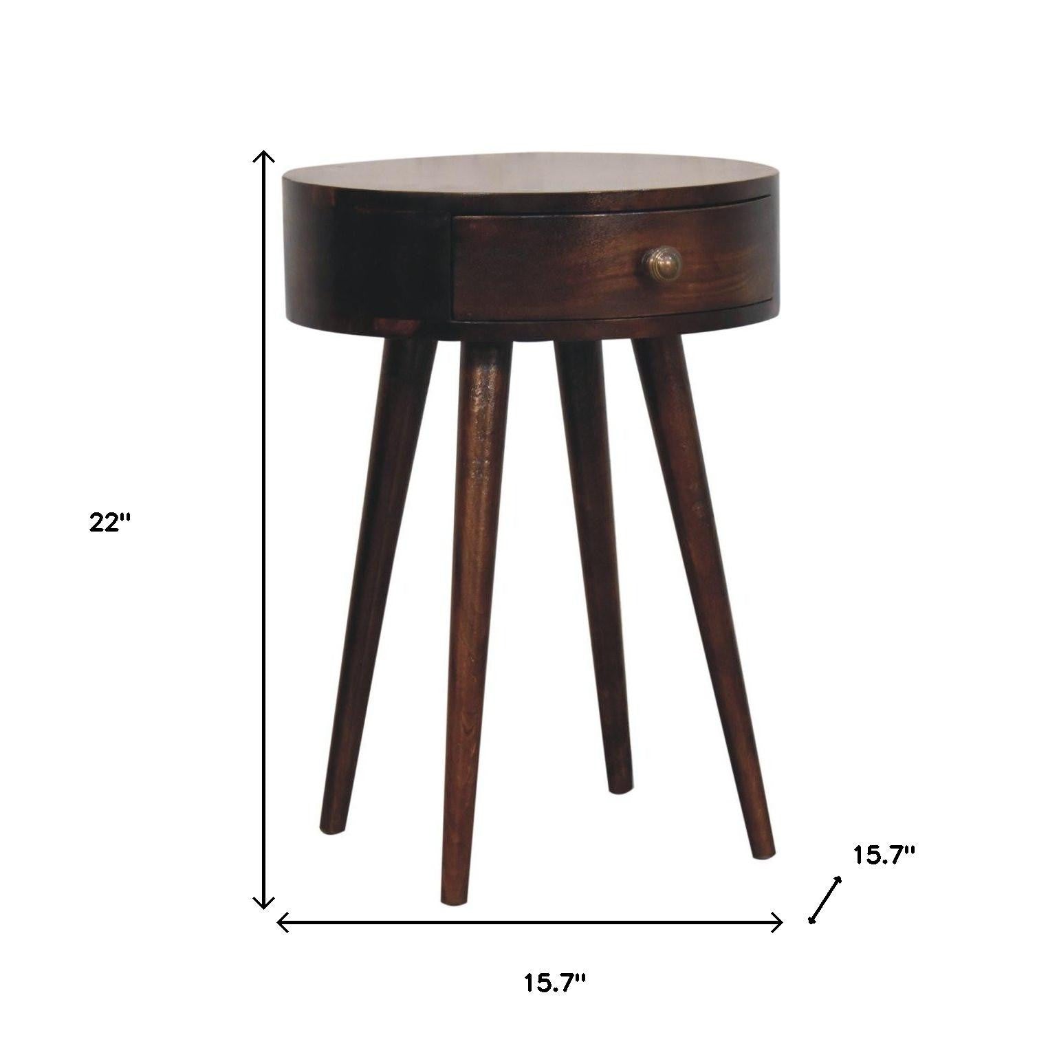 22" Walnut Solid Wood Round One Drawer Nightstand-Nightstands & Bedside Tables-DECOROLALA