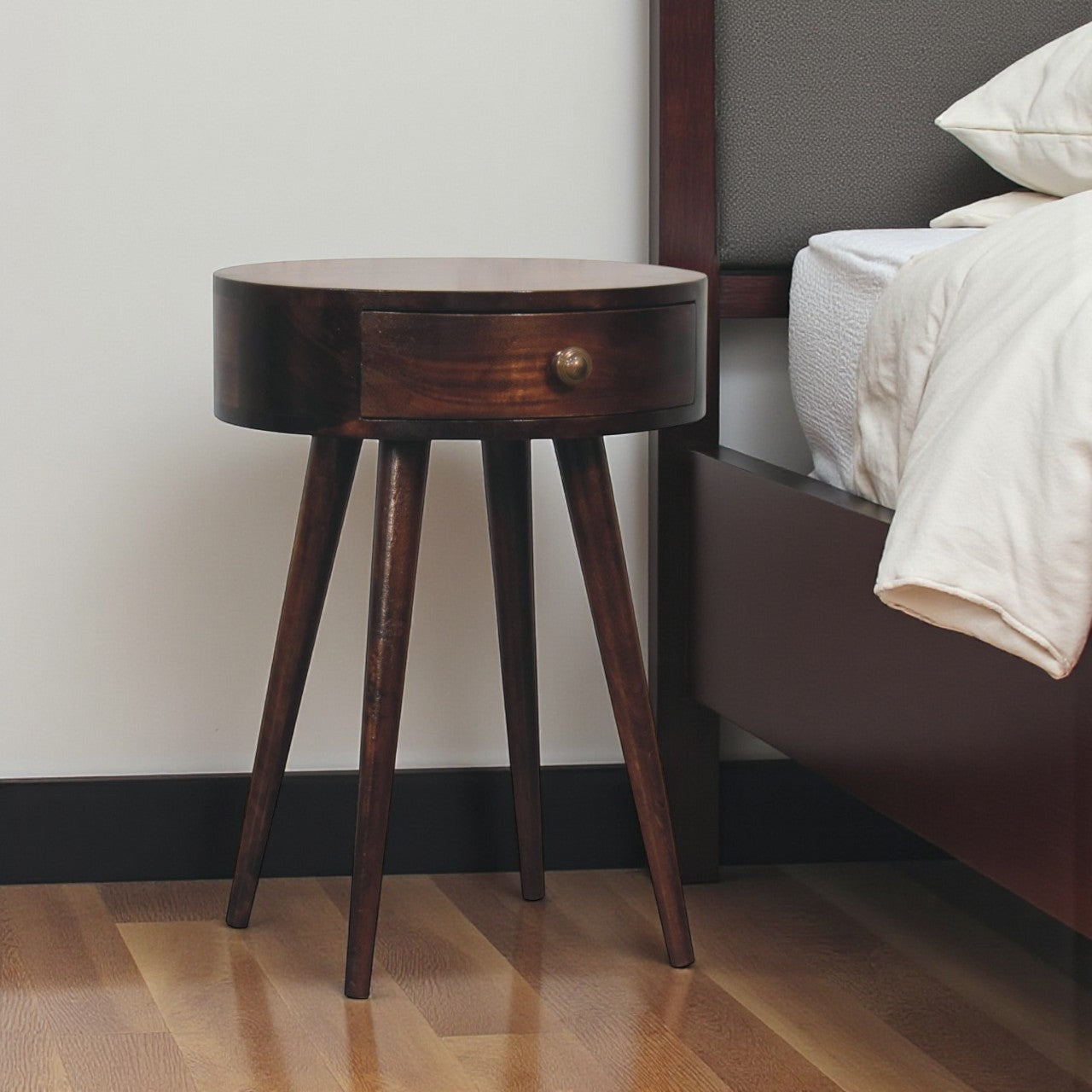 22" Walnut Solid Wood Round One Drawer Nightstand-Nightstands & Bedside Tables-DECOROLALA