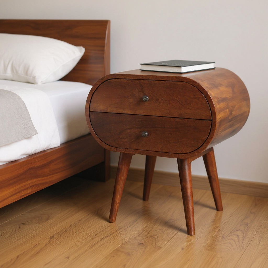 24" Chestnut Solid Wood Oval Two Drawer Nightstand-Nightstands & Bedside Tables-DECOROLALA