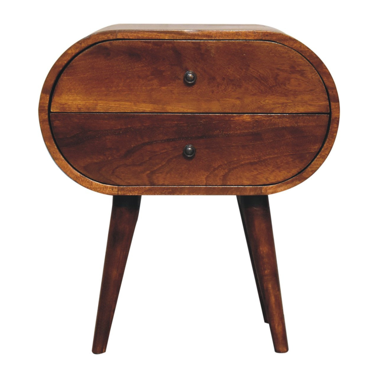 24" Chestnut Solid Wood Oval Two Drawer Nightstand-Nightstands & Bedside Tables-DECOROLALA