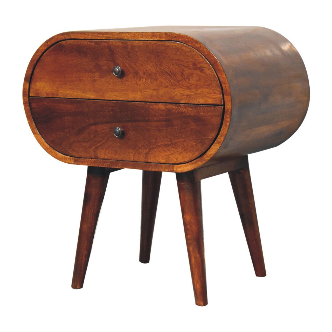 24" Chestnut Solid Wood Oval Two Drawer Nightstand-Nightstands & Bedside Tables-DECOROLALA