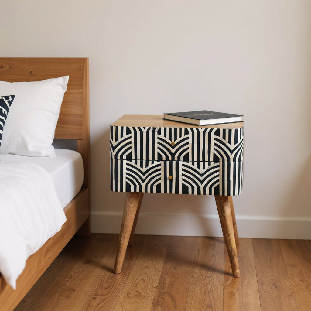 23" Black Ivory And Light Brown Solid Wood Geometric Bone Inlay Two Drawer Nightstand-Nightstands & Bedside Tables-DECOROLALA