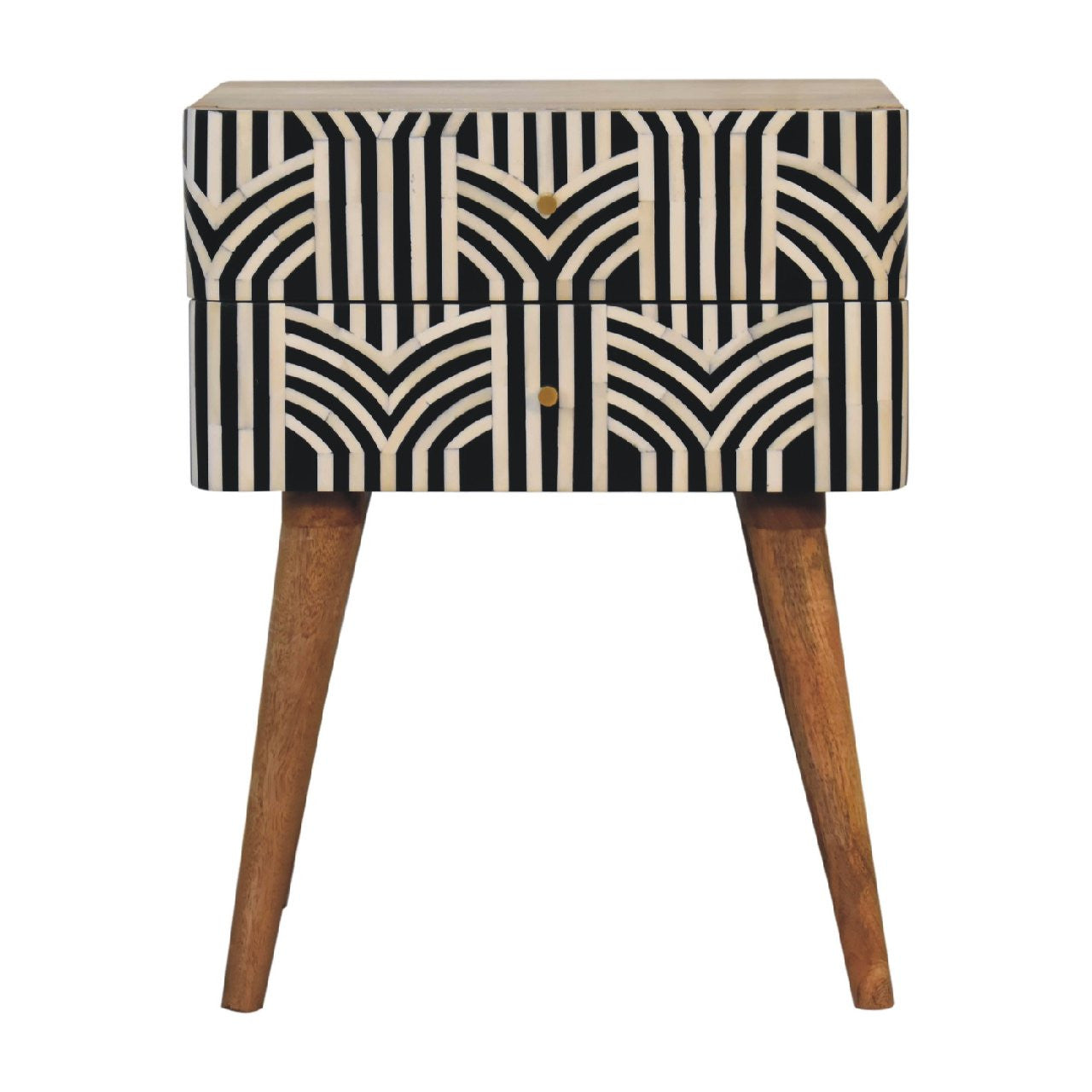 23" Black Ivory And Light Brown Solid Wood Geometric Bone Inlay Two Drawer Nightstand-Nightstands & Bedside Tables-DECOROLALA