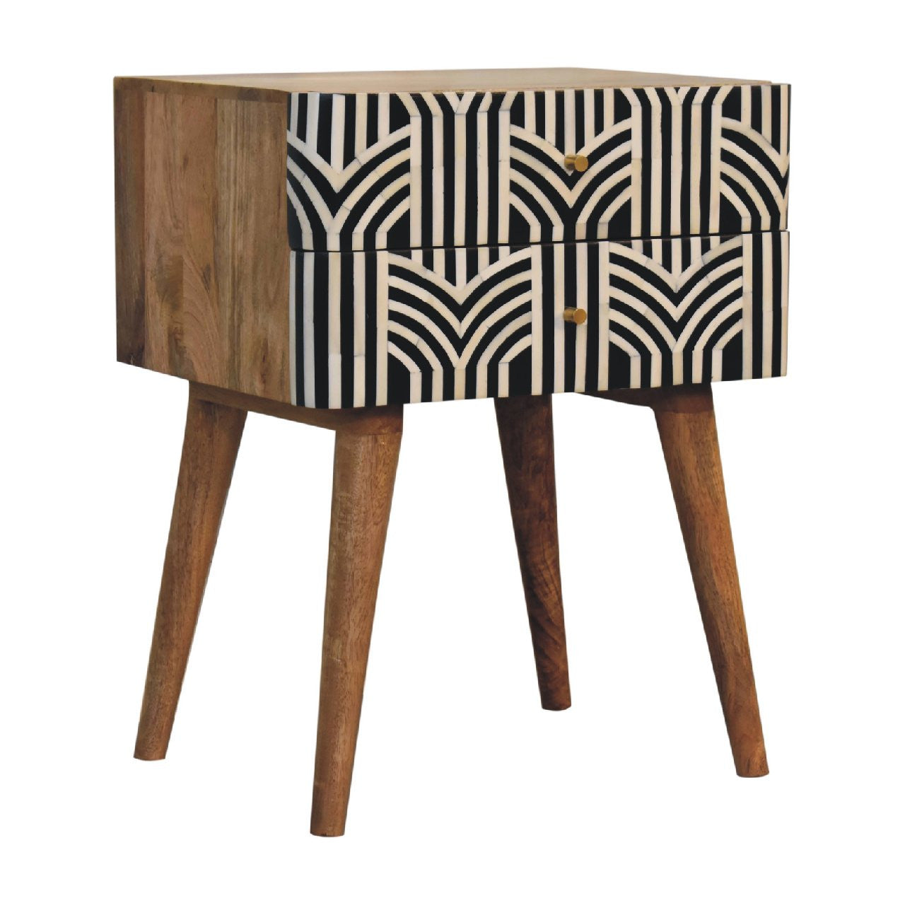 23" Black Ivory And Light Brown Solid Wood Geometric Bone Inlay Two Drawer Nightstand-Nightstands & Bedside Tables-DECOROLALA