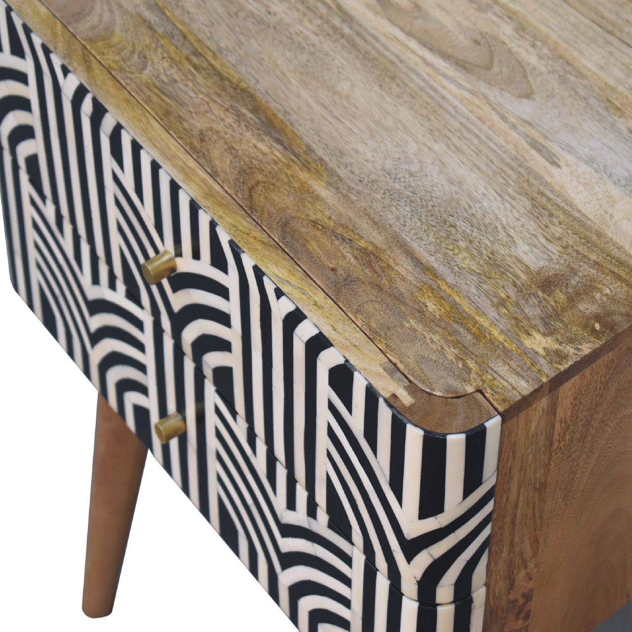 23" Black Ivory And Light Brown Solid Wood Geometric Bone Inlay Two Drawer Nightstand-Nightstands & Bedside Tables-DECOROLALA