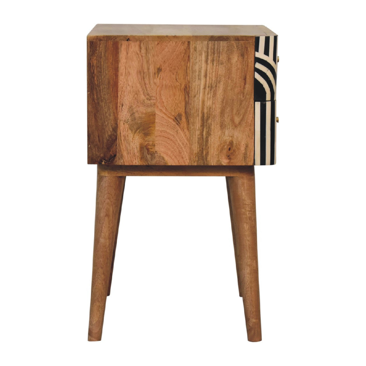 23" Black Ivory And Light Brown Solid Wood Geometric Bone Inlay Two Drawer Nightstand-Nightstands & Bedside Tables-DECOROLALA