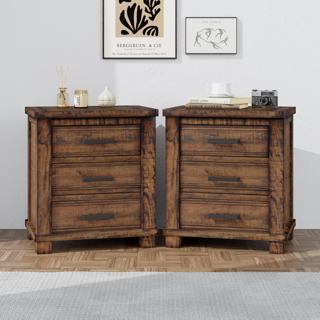 Set of Two 26" Walnut Wood Three Drawer Nightstand-4