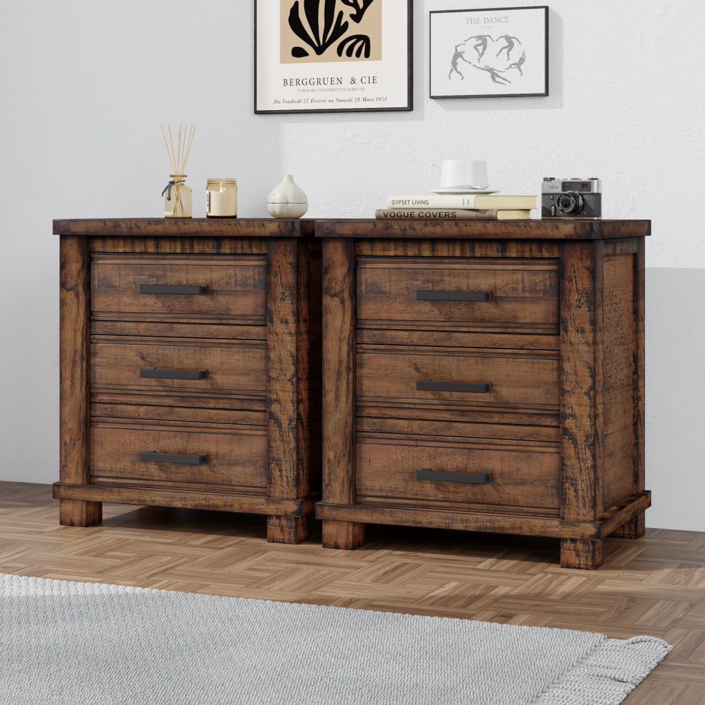 Set of Two 26" Walnut Wood Three Drawer Nightstand-5