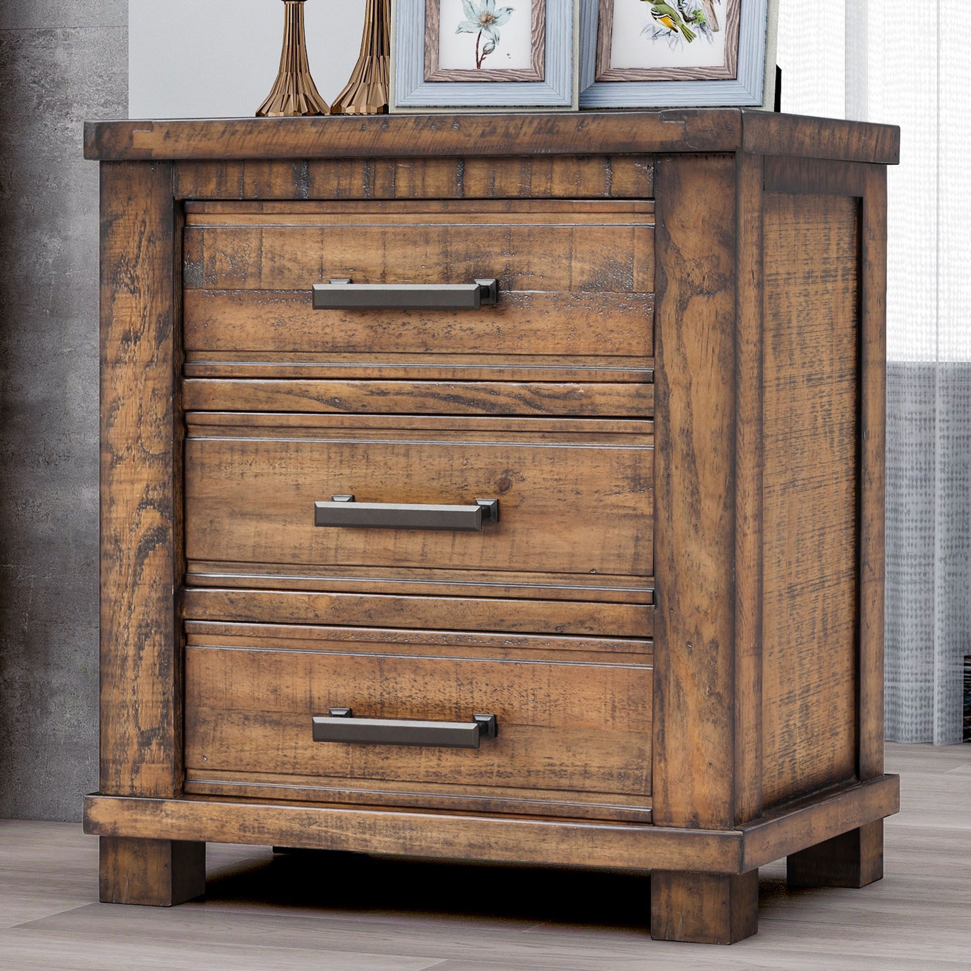 Set of Two 26" Walnut Wood Three Drawer Nightstand-7