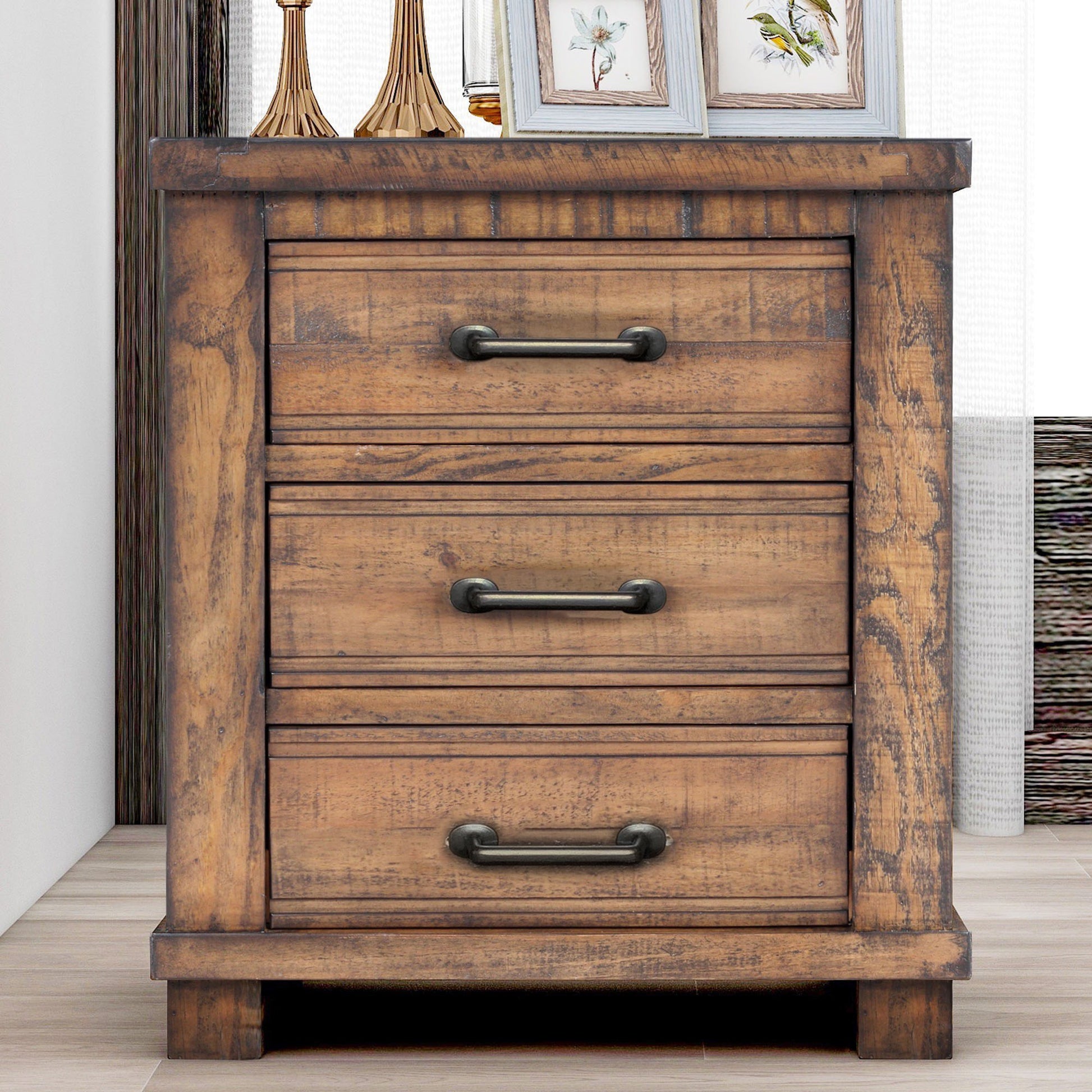26" Walnut Wood Three Drawer Nightstand-4