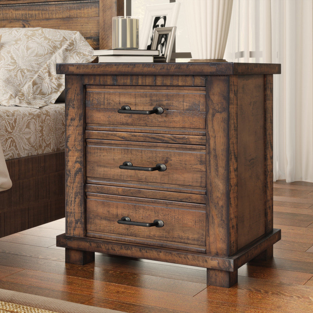 26" Walnut Wood Three Drawer Nightstand-7