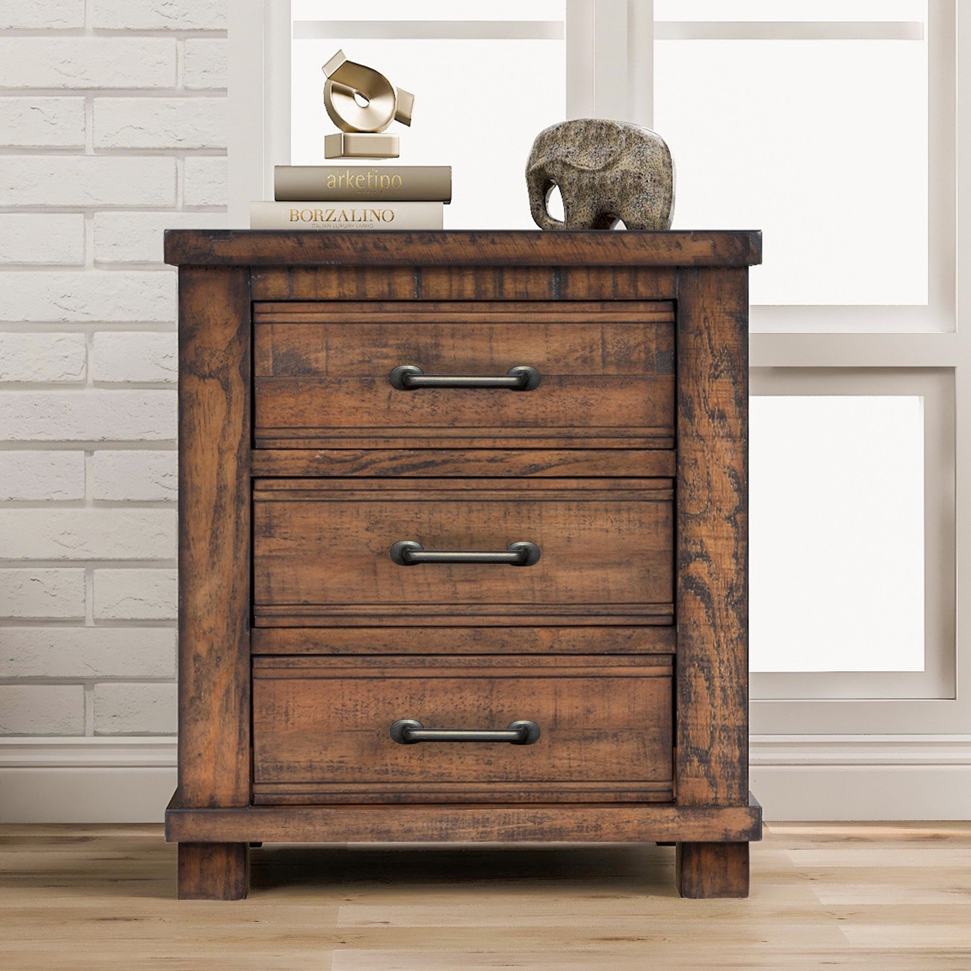 26" Walnut Wood Three Drawer Nightstand-6