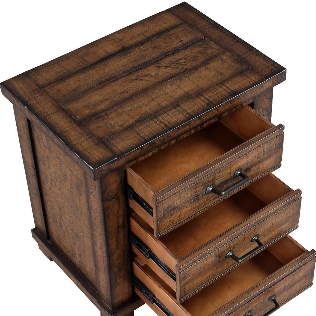 26" Walnut Wood Three Drawer Nightstand-3