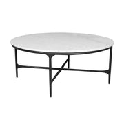 37" White and Black Genuine Marble and Iron Round Coffee Table-0