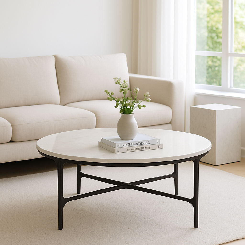 37" White and Black Genuine Marble and Iron Round Coffee Table-6