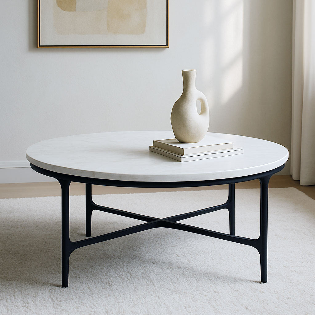 37" White and Black Genuine Marble and Iron Round Coffee Table-5