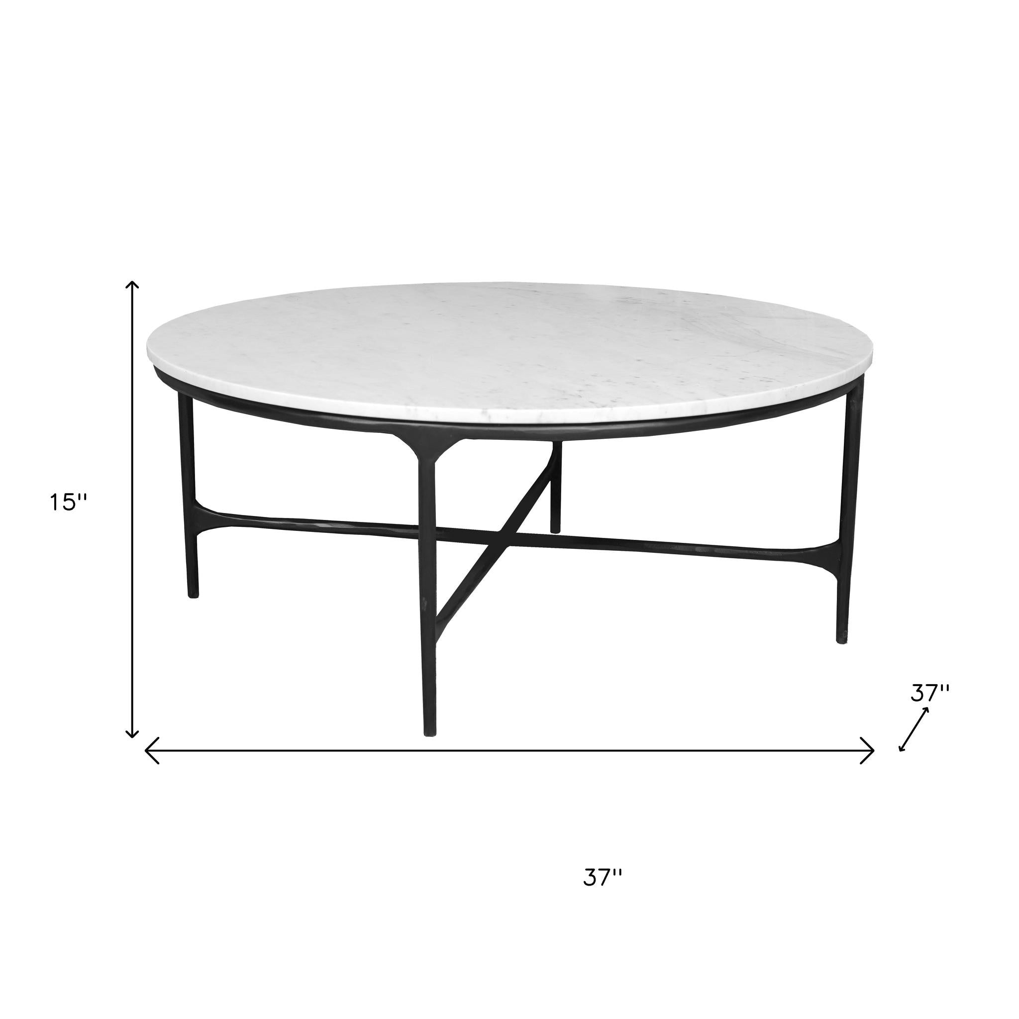 37" White and Black Genuine Marble and Iron Round Coffee Table-7