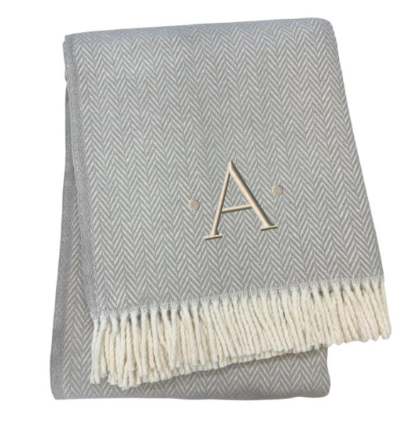 55" X 70" Gray And White Herringbone Cotton Blend A Initial Throw Blanket with Tassels And Embroidery-2