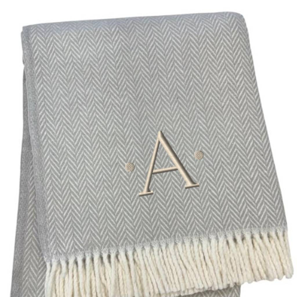 55" X 70" Gray And White Herringbone Cotton Blend A Initial Throw Blanket with Tassels And Embroidery-4