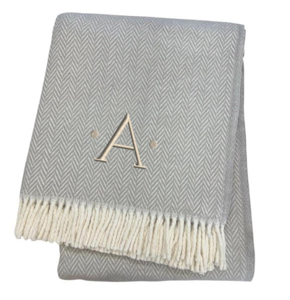 55" X 70" Gray And White Herringbone Cotton Blend A Initial Throw Blanket with Tassels And Embroidery-3