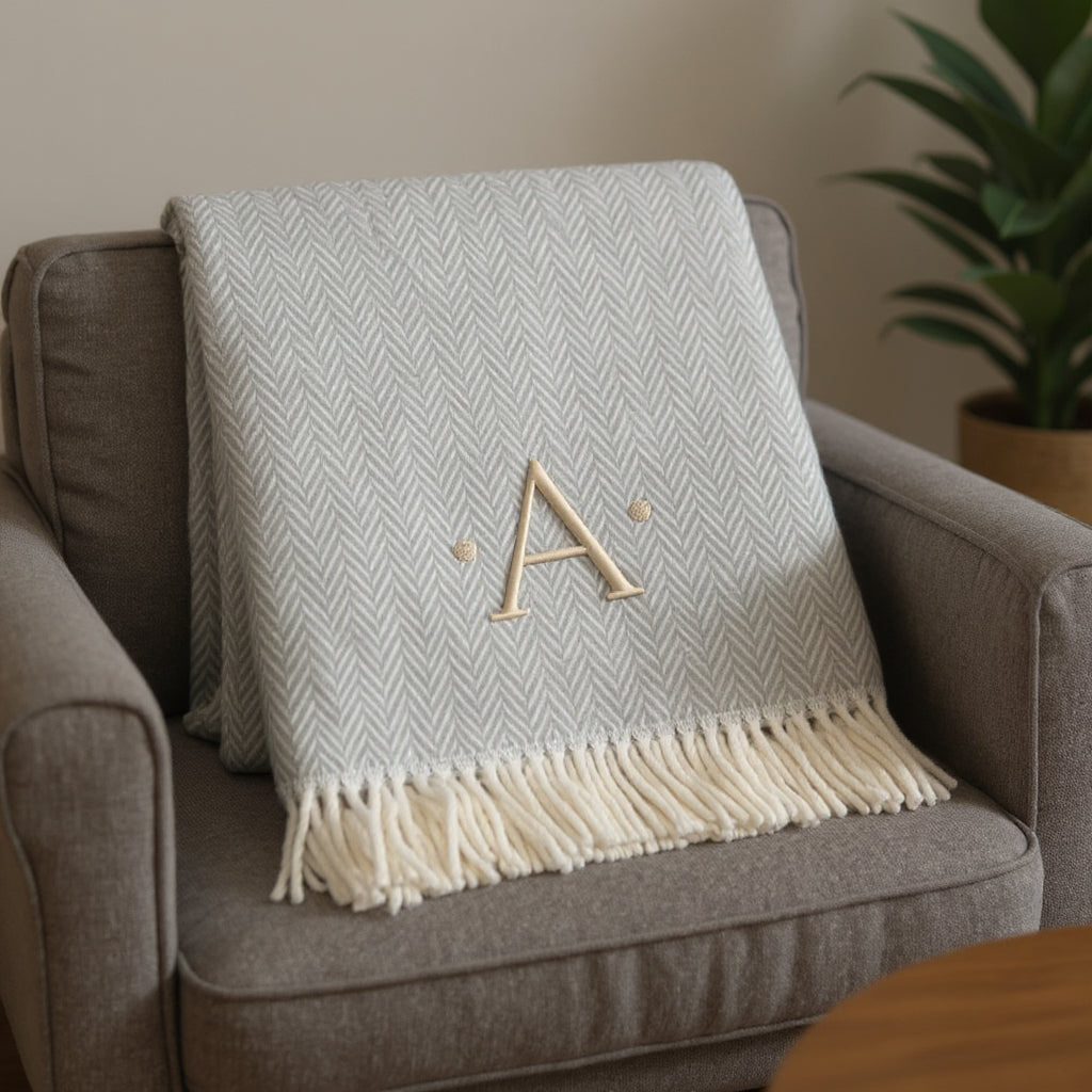 55" X 70" Gray And White Herringbone Cotton Blend A Initial Throw Blanket with Tassels And Embroidery-1